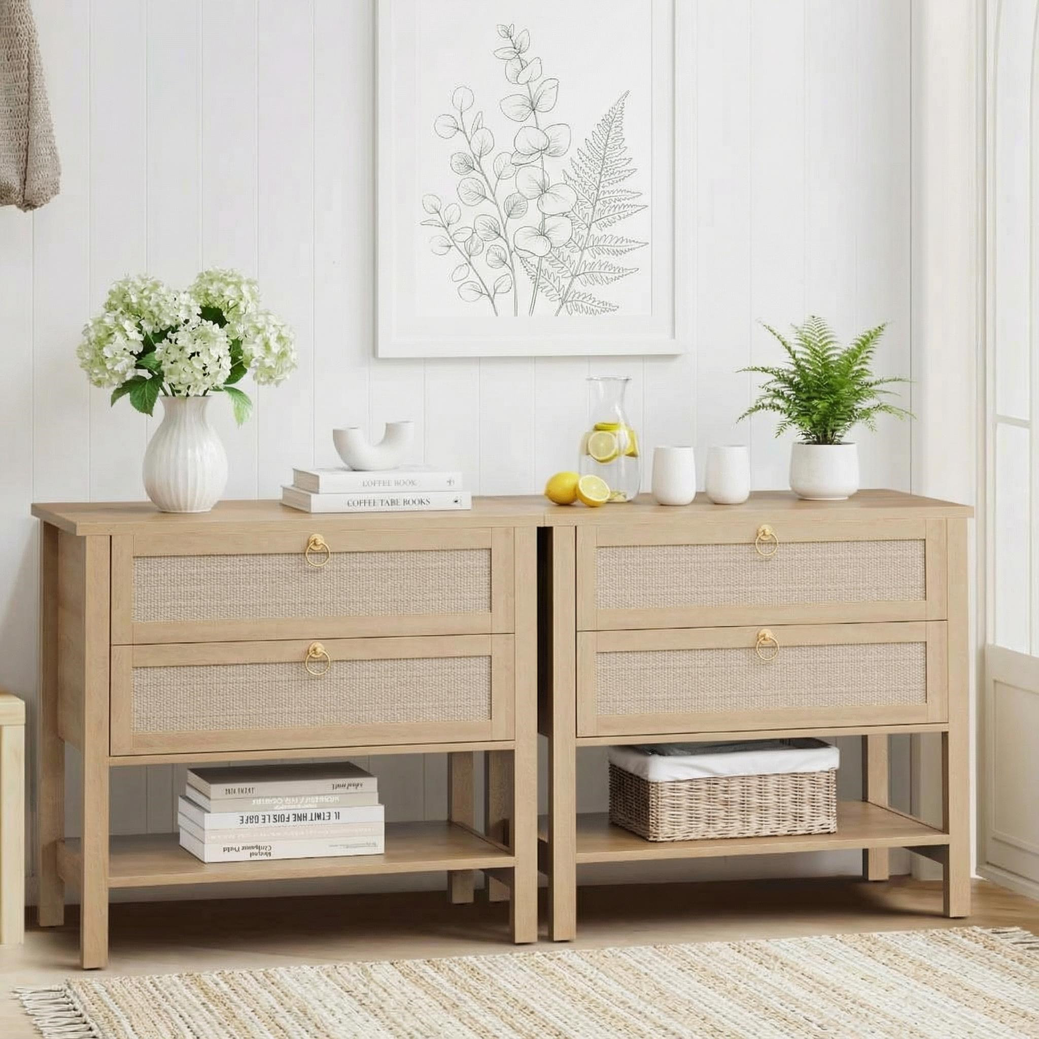 Rattan Nightstand Set of 2, Modern Bedside Table with 2 Drawers, Wood Sofa Side Table for Small Spaces, Accent End Table for Living Room, Light Oak
