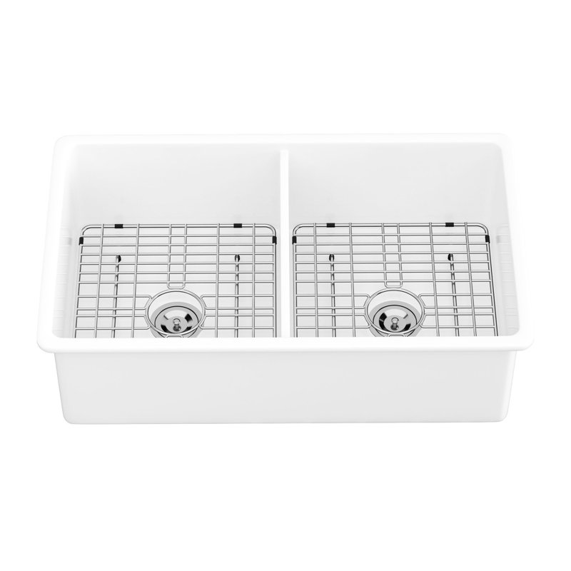 Évier double en céramique 32 po - Double cuve rectangulaire blanche pour cuisine moderne