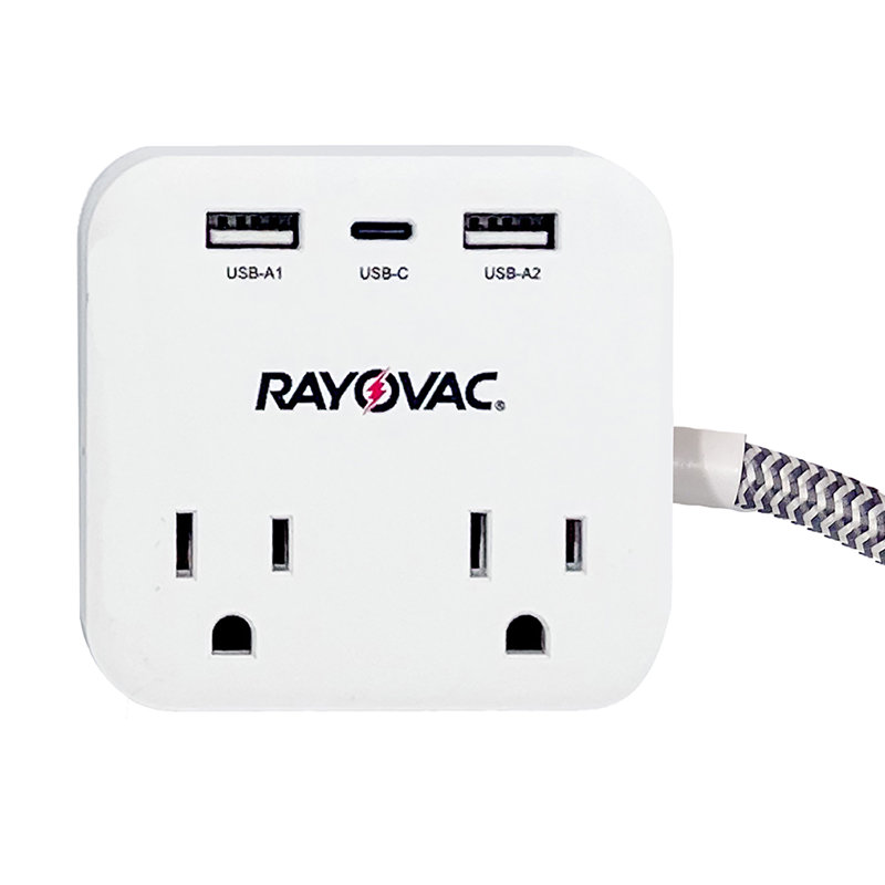 RAYOVAC® 2-AC Outlet & 3-USB Port Surge Protector Power Strip With Right-Angle Plug, 1.5-Ft, White