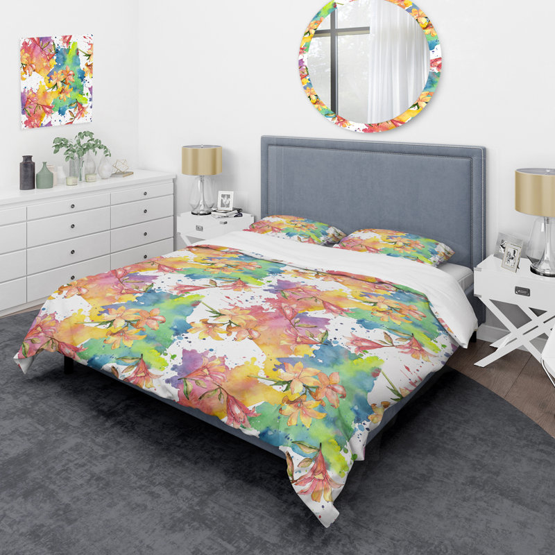 Multicolore fleur botanique - ensemble de housse de couette floral - microfibre de polyester