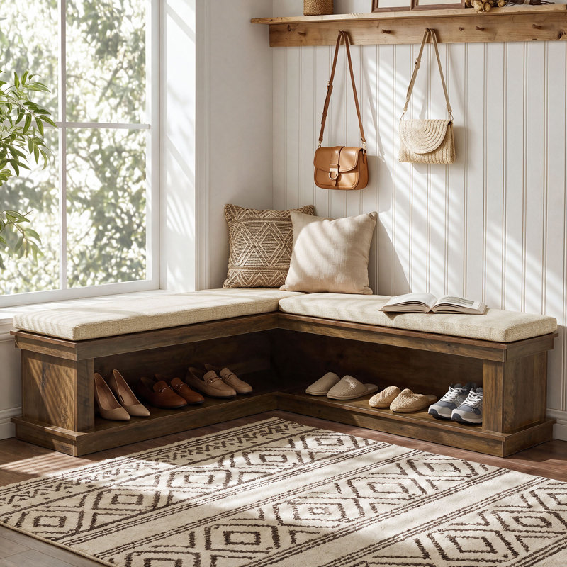 Banc de coin en L pour chaussures avec coussin, Brown, Beige