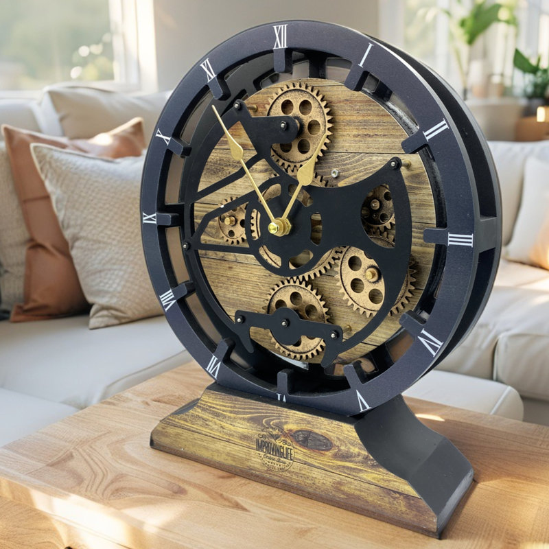 Horloge de bureau ronde en bois de 10 pouces avec de vrais engrenages (transformable en horloge murale - base détachable) Collection Canada