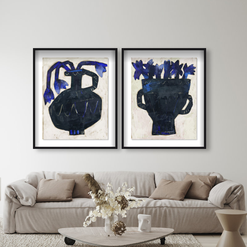 Indigo Vases Set Shadowbox Floral & Botanical Print by Oliver Gal, Black Frame, 16 x 20, 63"H x 51"W, Black Shadowbox