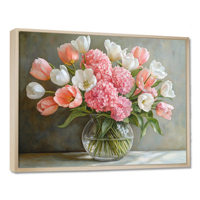 Ignacia Pink And White Hydrangeas And Tulips In A Vase - Hydrangea Canvas Wall Art
