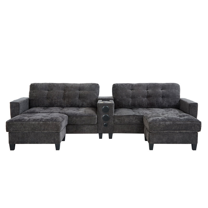 Modern Sectional Sofa 126" U-Shaped Sectional Sofa Modular Sectional Couch With Movable Storage Ottomans, Multifunctional Console, Bluetooth Speakers And LED Lights For Living Room, Grey