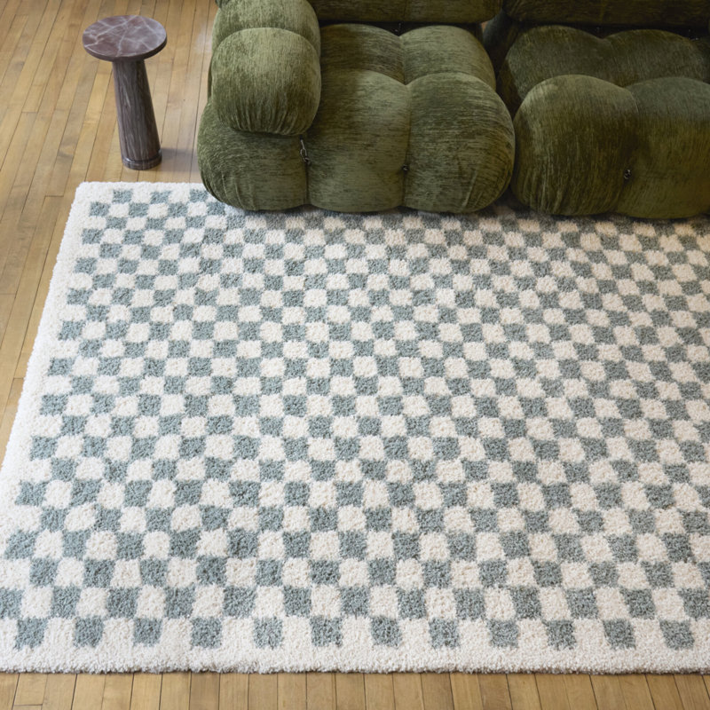 Walker Checkered Sage/Cream Shag Area Rug, Rectangle 5'3" x 7'