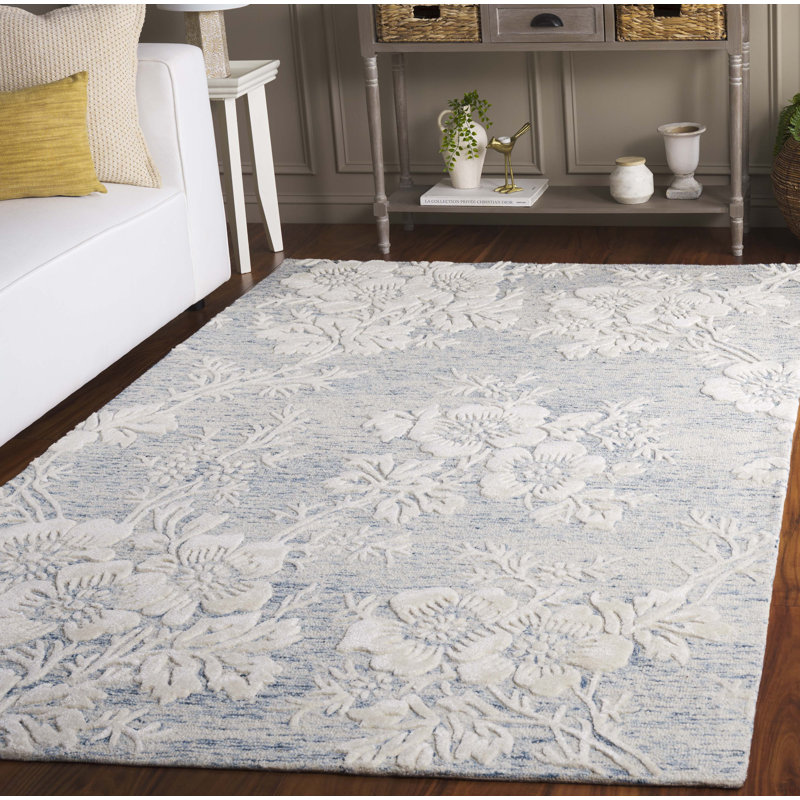 Tapis floral en laine / coton / viscose touffeté à la main Glamour 151 bleu / ivoire, Rectangle 5 pi x 8 pi