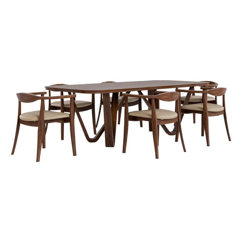 Ensemble de table de salle à manger 7 pièces Niva, 6 chaises d'appoint en tissu, bois massif brun