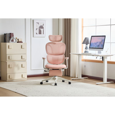 Chaise de bureau ergonomique avec repose-pieds, chaise de bureau d'ordinateur à haut dossier avec support lombaire dynamique, appui-tête en 2 dimensions, accoudoir 4D, siège en éponge, chaise de bureau en filet pour adultes, rose.