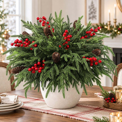 Branches de pin artificielles 18 "avec baies rouges et pommes de pin pour décoration de Noël 18", 24 pièces