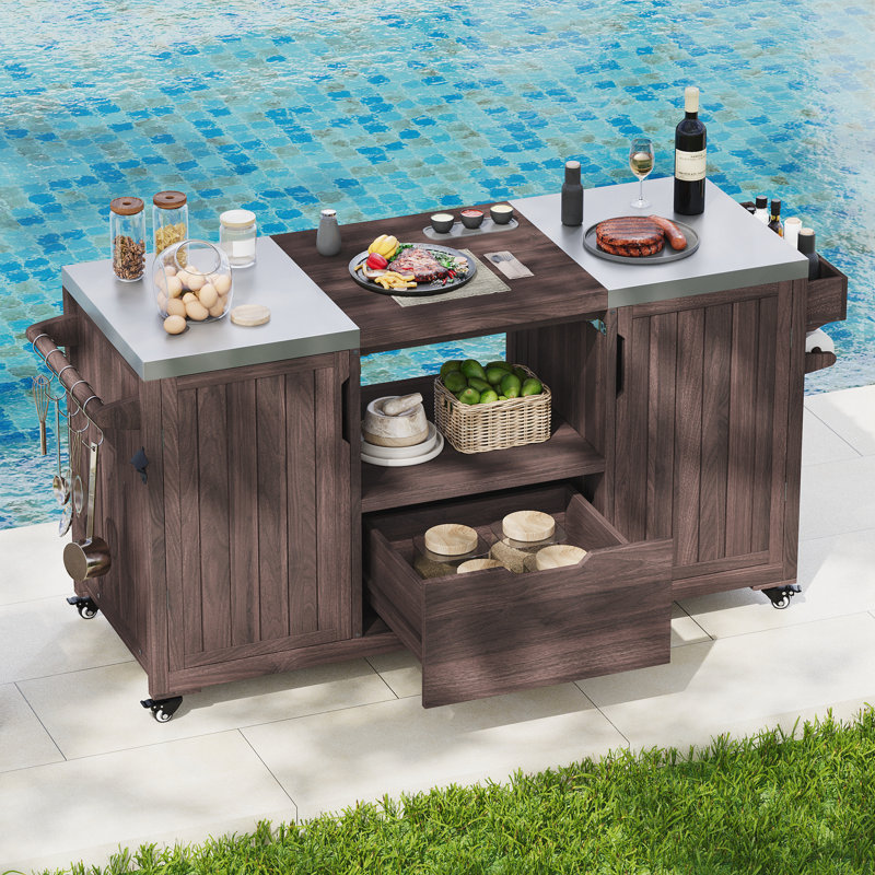 Îlot de cuisine avec plateau en acier inoxydable et tablette ouverte, Brun