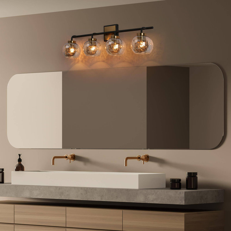 4-Light Dimmable Modern Black/Brass Vanity Light with Mercury Glass Shade
