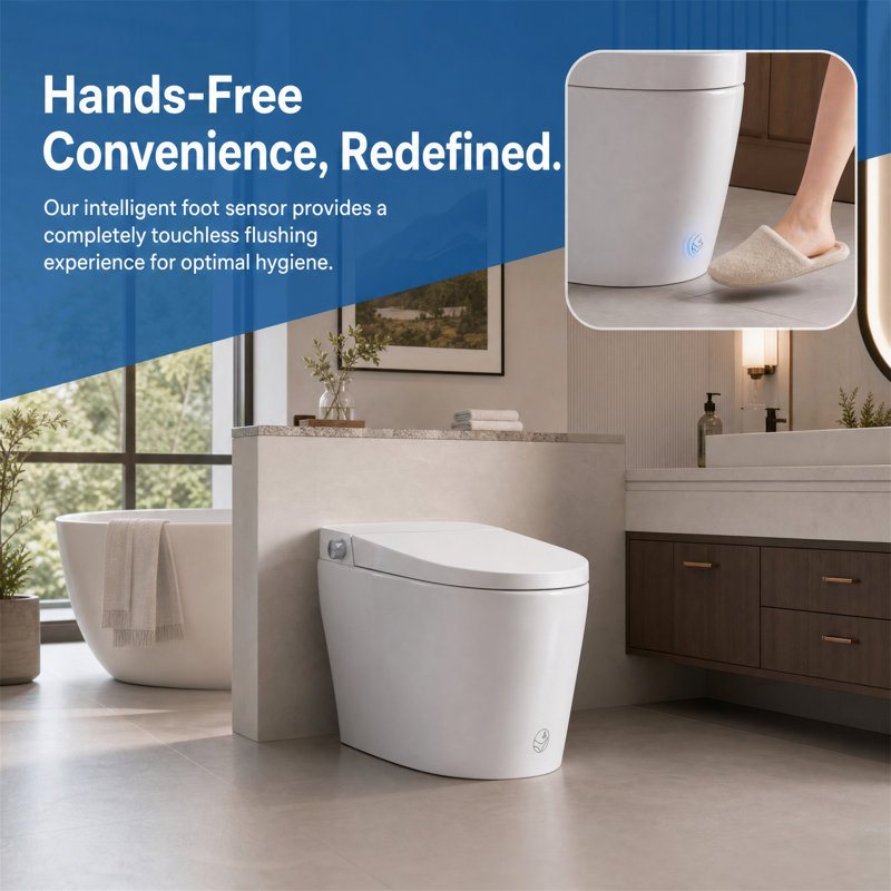 Smart Toilet with Foot Sensor Flush, Instant Warm Wash & Dry, Heated Seat