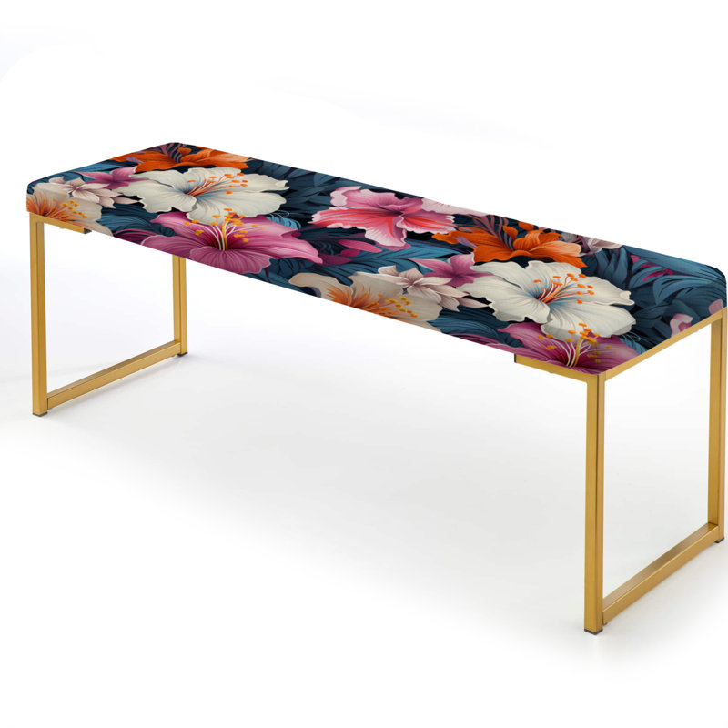 Floral Upholstered Gold Bench, Exotic Purple Hibiscus Floral Oasis