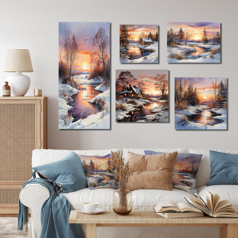 «Sunrise Charm In Winter - Sunrises Sunset», ensemble de 5 reproductions d'art mural, Cadre flottant doré