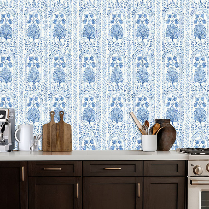 Papier peint adhésif autocollant décoratif à motif d'aquarelle florale bleue, L 24 po x L 118 po