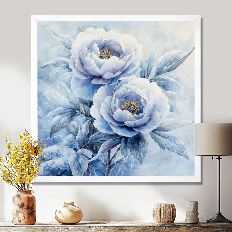 Pivoine bleue glacée - art mural pivoines, Reproduction encadrée d'une seule photo, H 16 po x l 16 po, Blanc