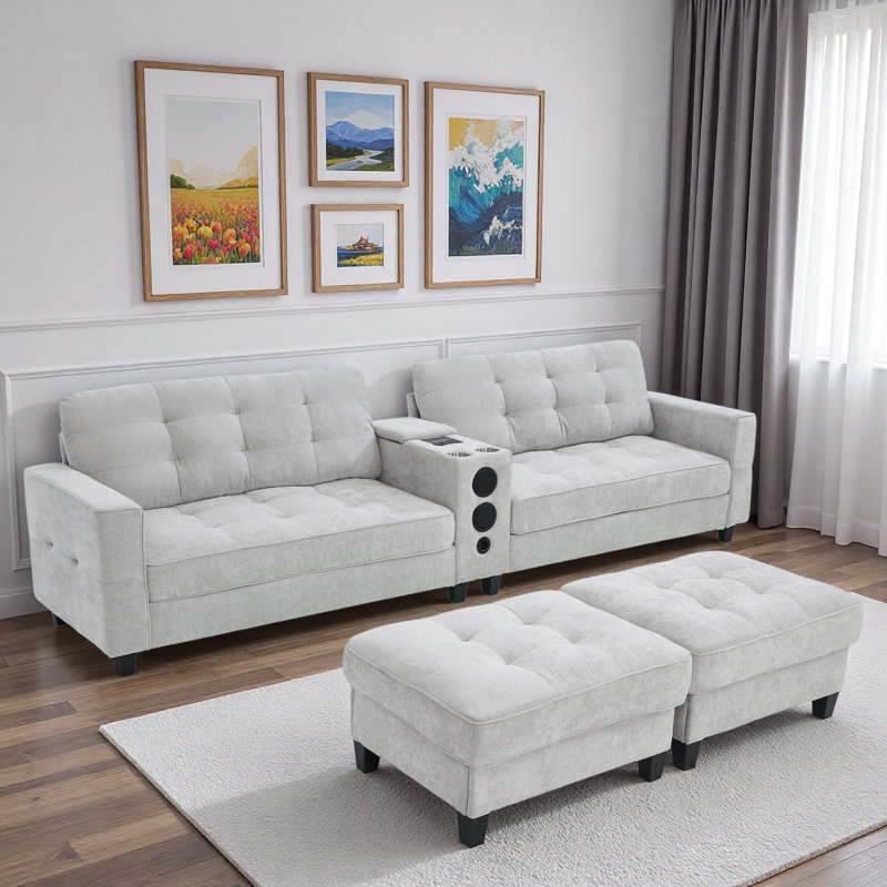Modern U-shaped Sectional With Movable Storage Ottomans, Multifunctional Console, Bluetooth Speakers And Led Lights