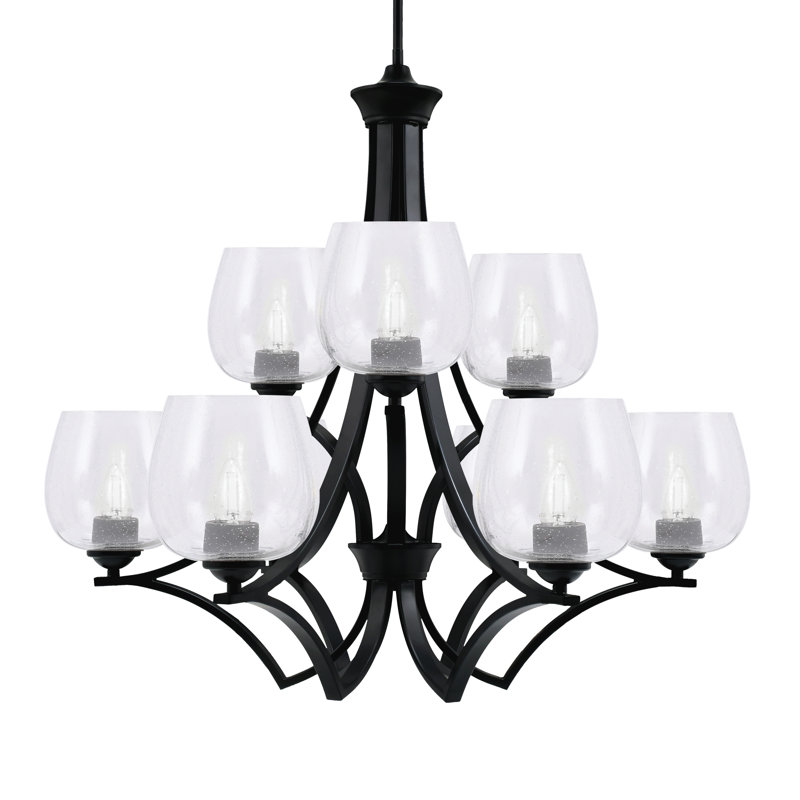 Lustre 9 lumières Zilo avec verre à bulles 6 po Zilo, Verre transparent, Noir mat