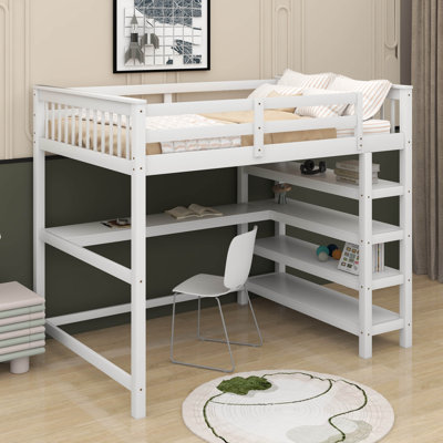 Lit mezzanine avec tablettes de rangement et bureau