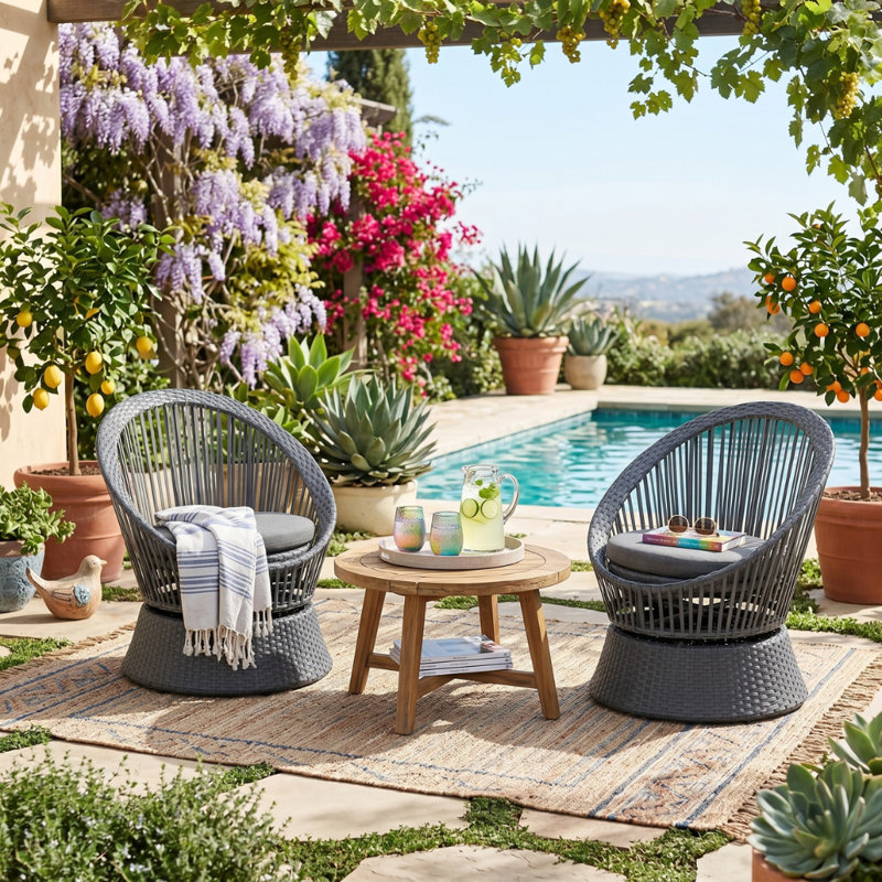 Chadwic Modern Swivel PE Rattan Lounge Chair with Cushions and Iron Frame, Dark Gray