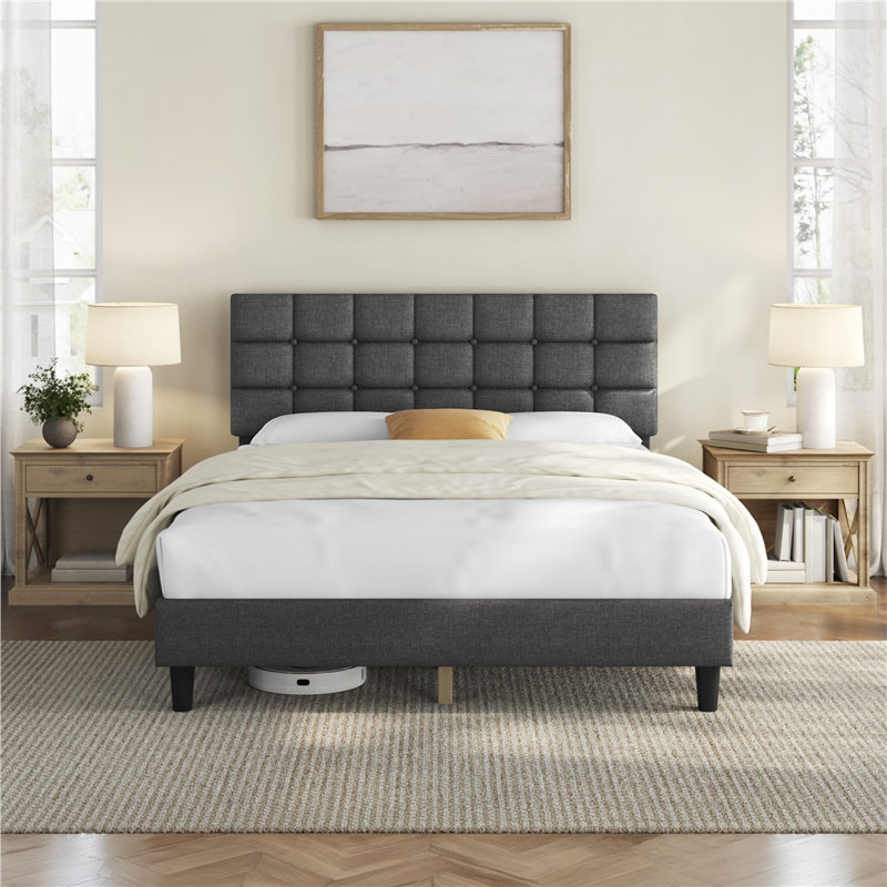 Lit plateforme tapissier Contemporary, Queen, Gris foncé