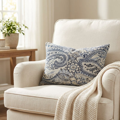 Coussin décoratif d’extérieur de luxe à motif floral Cachemire bleu/blanc