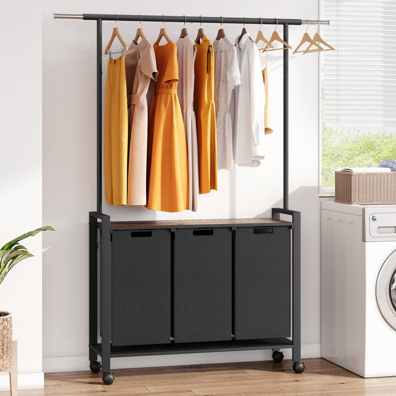 Chariot de trieur à linge robuste avec 3 sacs Oxford 13 gallons amovibles, une tringle de suspension extensible, une tablette de rangement et des roues pivotantes verrouillables pour l'organisation de la salle de lavage