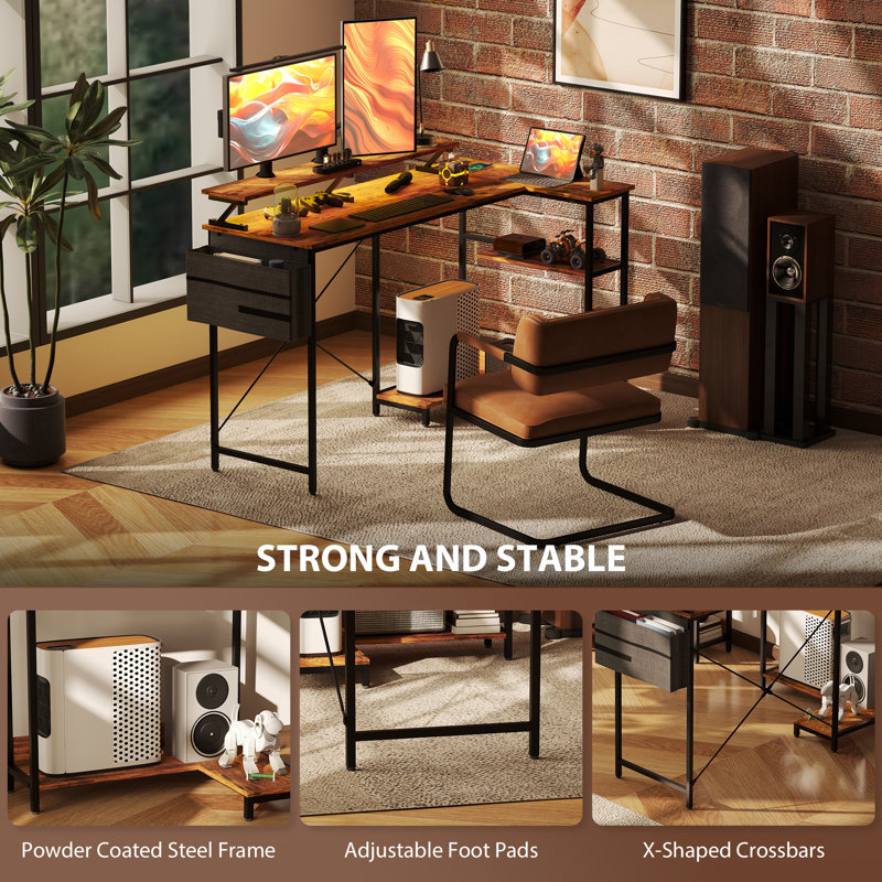 58" Reversible L Shaped Desk with Monitor Stand, Corner Computer Desk with LED Lights, Brown