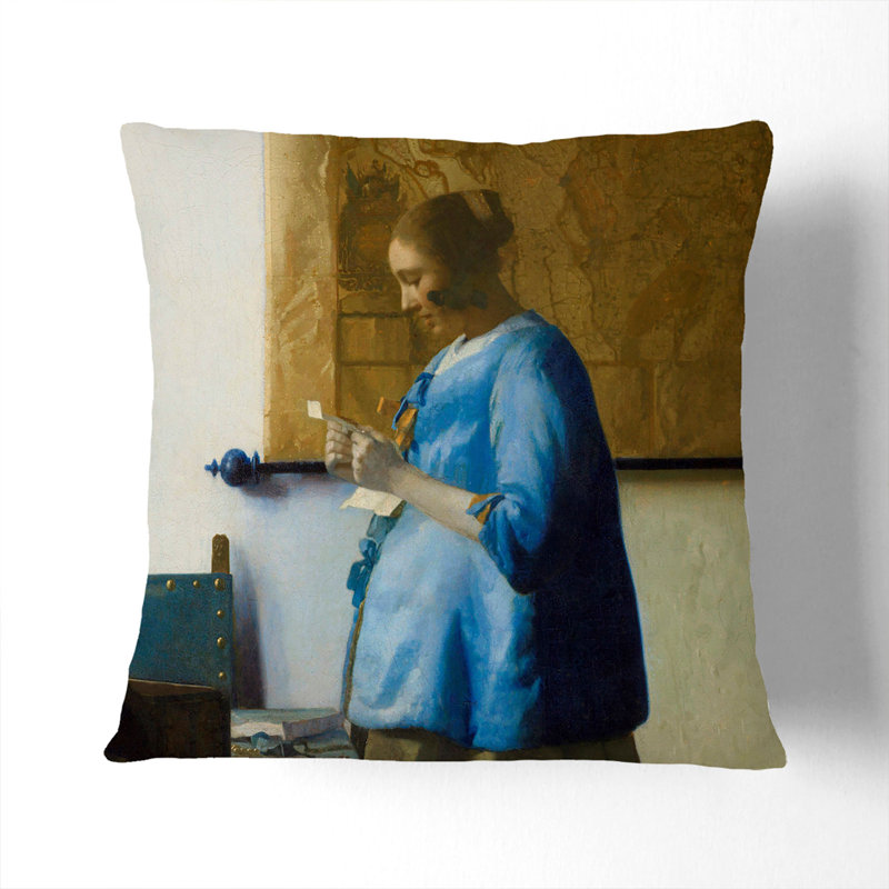 Woman Reading A Letter Square Throw Cushion, Black, 40cm H x 40cm W x 15cm D