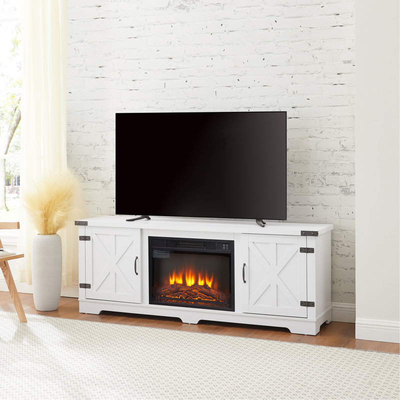 Console de divertissement moderne avec foyer de 23 po, pouvant accueillir des téléviseurs de 70 po, meuble télé blanc avec rangement réglable et conception exquise pouvant accueillir des téléviseurs de 70 po ou moins, armoires fermées