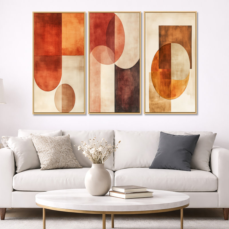 Terracotta Balance II - Décoration murale abstraite encadrée 3 pièces, 40" H x 60" W, Natural Wood Floater Framed
