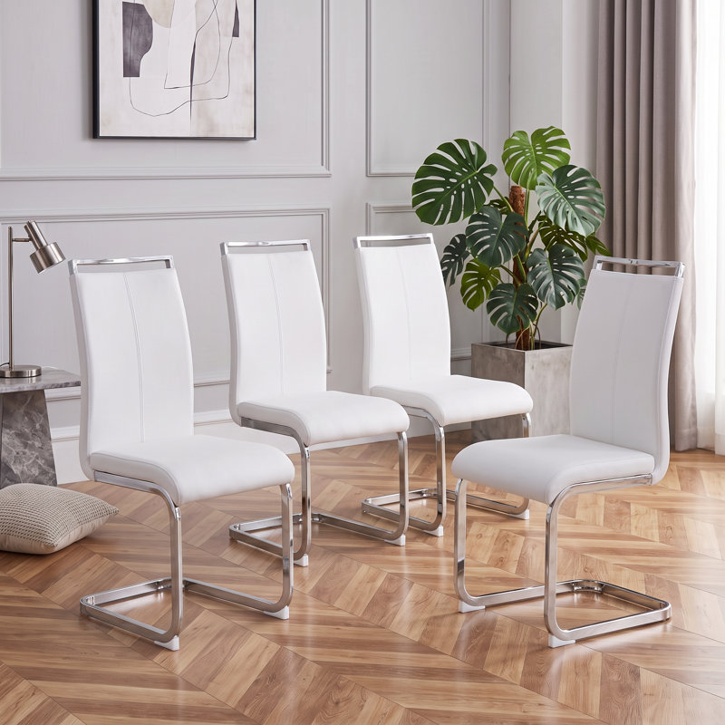 Chaises de salle à manger en faux cuir Modern (ensemble de 4), Blanc, Argent, 4