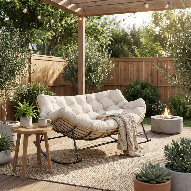 Chaise berçante d'extérieur en acier avec coussin Solvane, Blanc, crème, Noir et beige