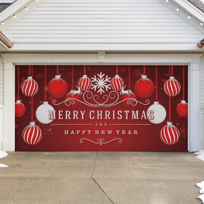 Red Ornaments in Snow 7' x 16' Christmas Double Garage Door Banner - Outdoor Holiday Decorations