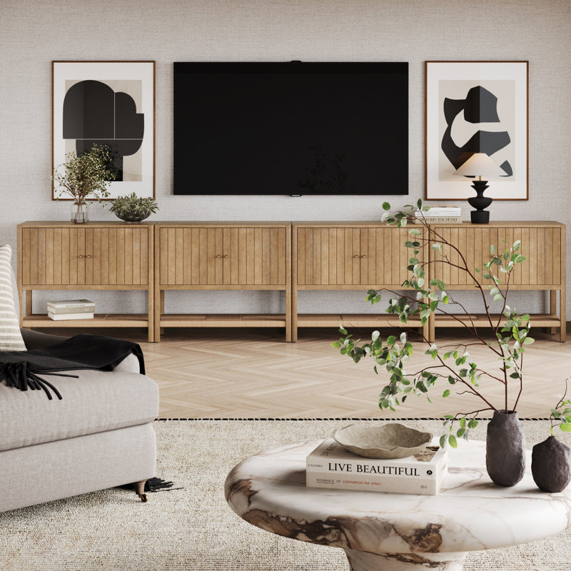 Wood Accent Cabinet Or TV Stand With Open Seagrass Storage, Brown