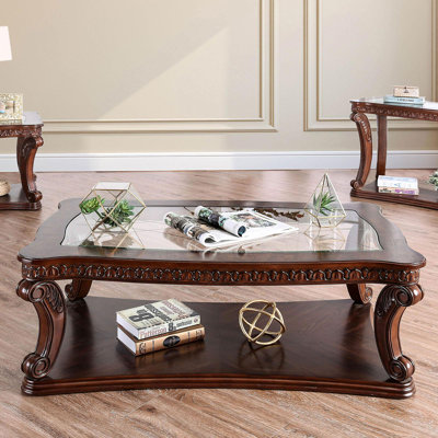 Table de bout de style traditionnel avec plateau en verre trempé de 5 mm et pieds en cabriole ornés d'une table de bout au fini chêne foncé - non inclus