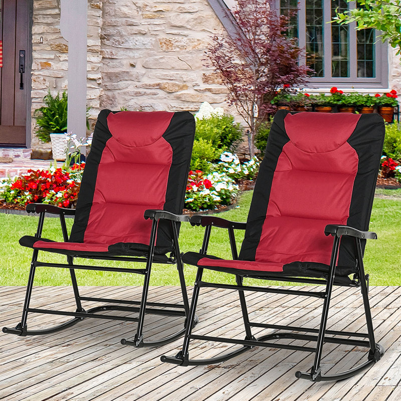 2 Outdoor Rocking Chair Patio - Red. Porch, Camping, Balcony Appropriate. Cushioned, Folding, Steel Frame, Quick Setup, 265 Lbs Capacity 2 Folding Chairs Red Furniture For Various Places Fabric,
