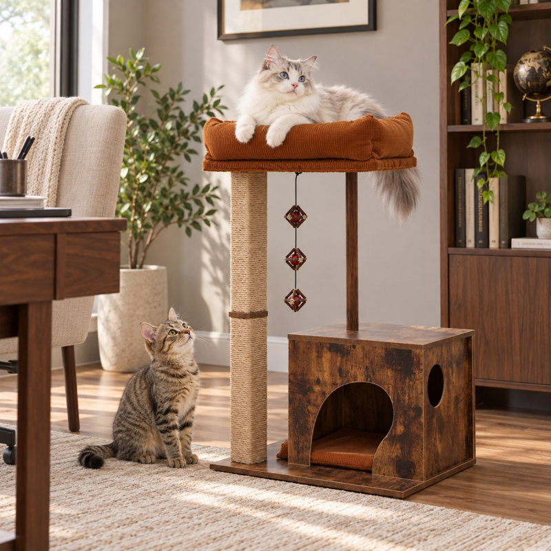Arbre à chat rétro moderne en bois avec niche, poteaux à griffer en jute et coussins