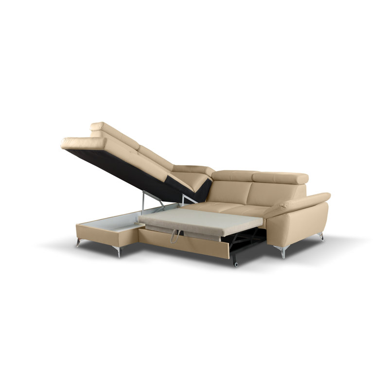 Niagara Genuine Leather Sleeper Corner Sofa with Storage, Adjustable Headrests & Adjustable Armrest, Left Hand Facing, Beige