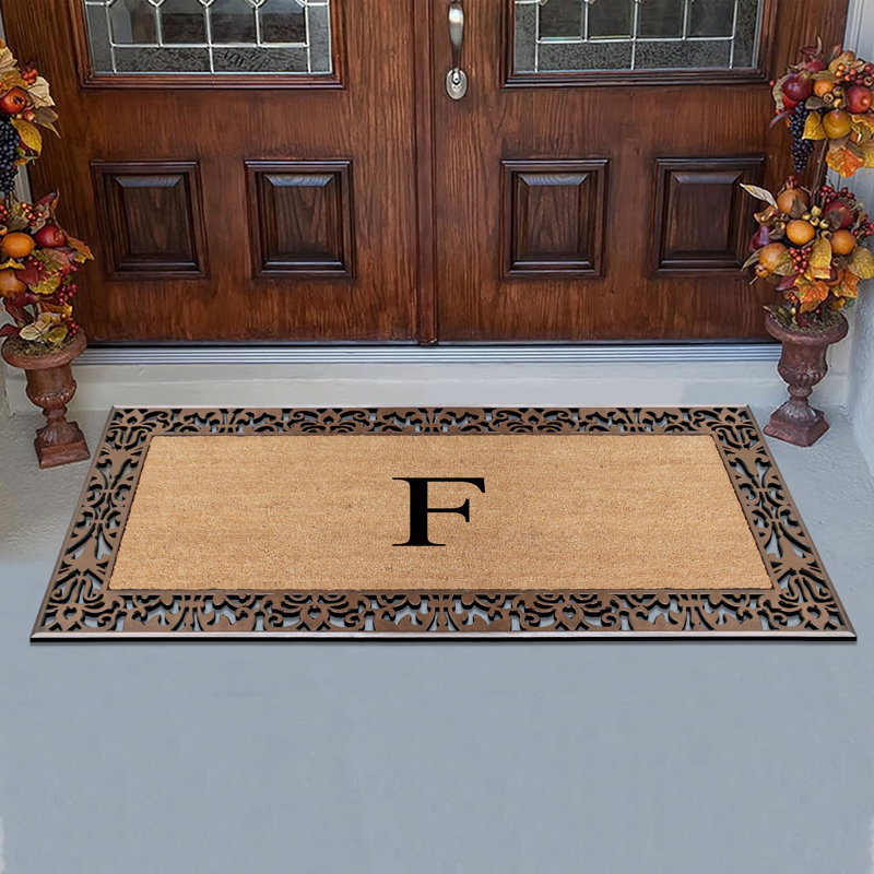 Dyari Natural Coir & Rubber Paisley Border Monogram Non-Slip Door Mat, 30"x60", Bronze, Heavy-Duty Low-Profile Outdoor Front Porch