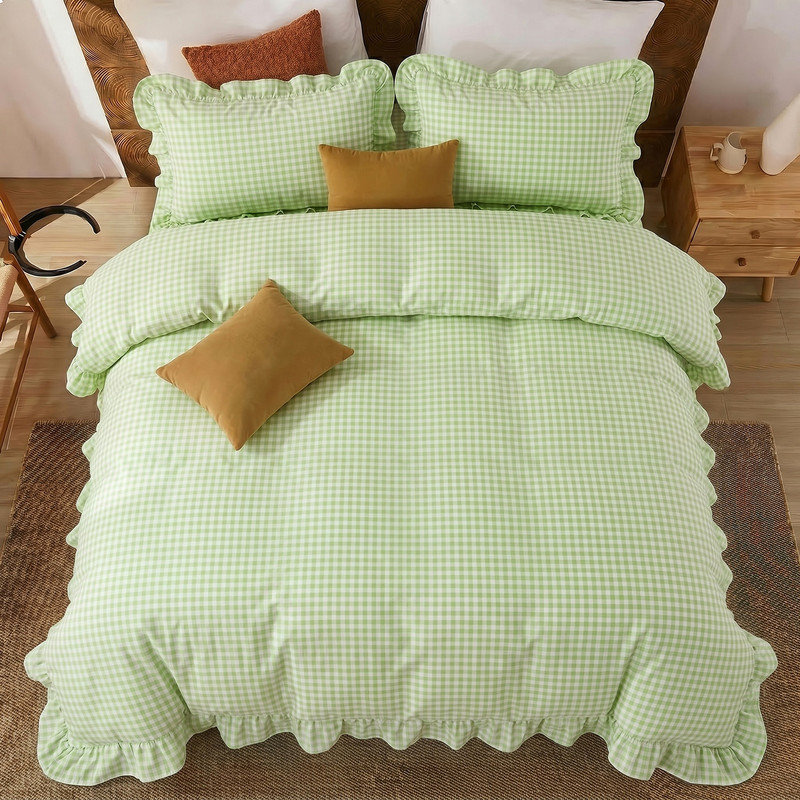Ensemble de housse de couette de luxe 100% coton de très grande taille - Vichy vert avec bords à volants, ensemble de literie respirant doux 3 pièces, fermeture à glissière et 8 attaches de coin