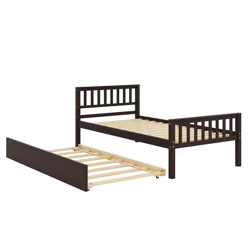 Sturdy Wood Twin-Size Platform Bed Frame Featuring A Pull-Out Trundle, Espresso