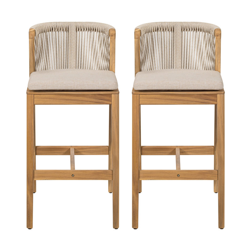 Louie Outdoor Barstool, Teak Finished Wood With Beige Cushion, Set Of 2
