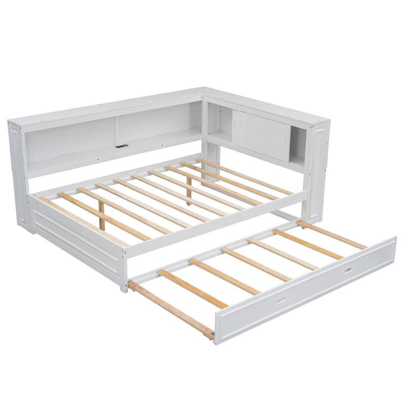 Full Size Wood Daybed With Storage Shelves, USB, LED, And Trundle, White