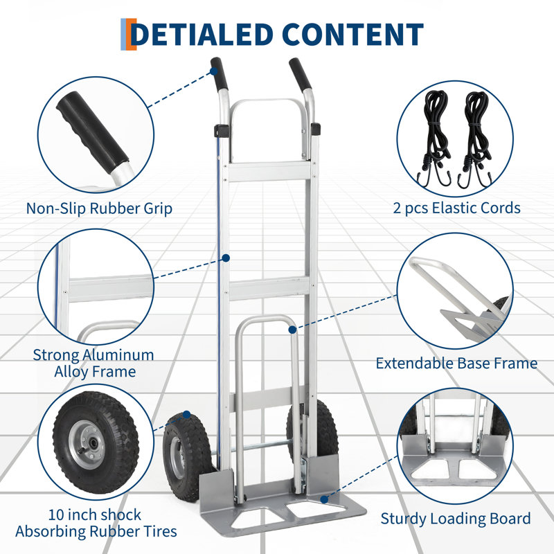 Chariot à main en aluminium, chariot à main robuste de 600 lb, chariot à main plateforme avec plaque de base extensible, 2 cordons élastiques pour le transport et le déplacement en entrepôt, magasin d'alimentation