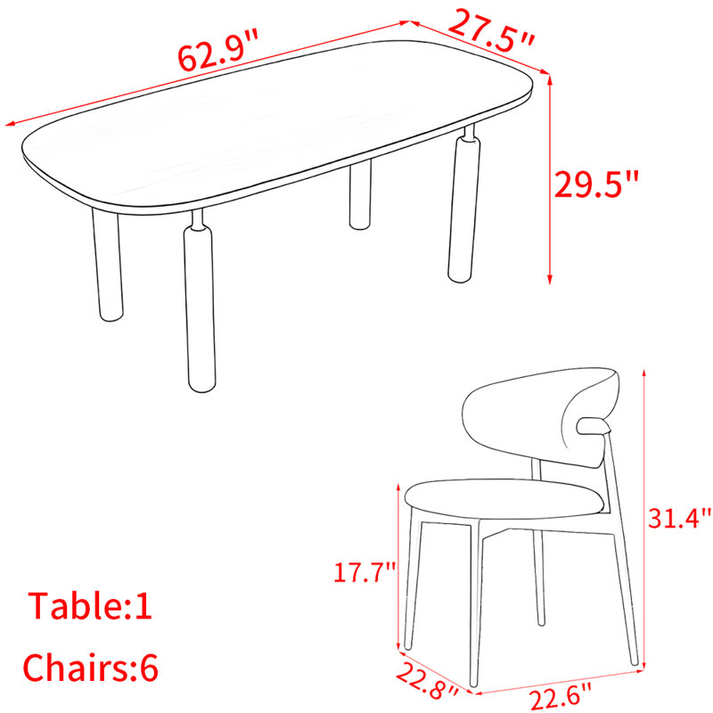 French style oval solid wood dining table set, 29.5"H x 62.9"L x 27.5"W