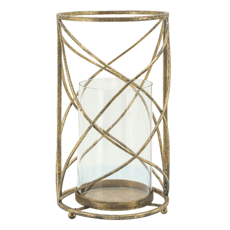 Metal and Glass Pillar Candle Holder with Openwork Geometric Frame - Decorative Accent for Modern and Glam Spaces, Gold