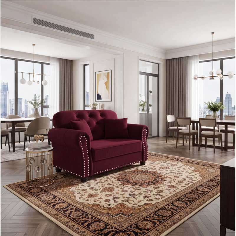 Canapé en velours Chesterfield de 41,3 po de style Mid-Century avec garniture cloutée, accoudoirs roulés, capitonné, bourgogne (comprend 1 oreiller)