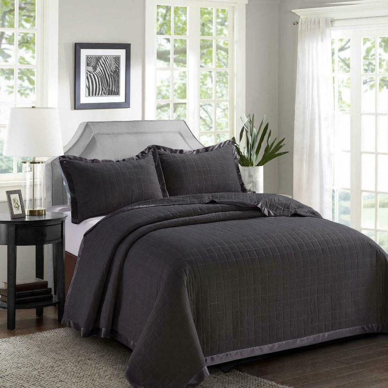 Osca Embossed Microfiber Bedspread Set All-Season Comforter Bed Throw with Matching Pillow Shams, Black